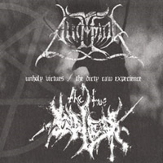 Front cover of "Unholy Virtues / The Dirty Raw Experience" by Angmar / The True Endless available at Darkwoods Webstore