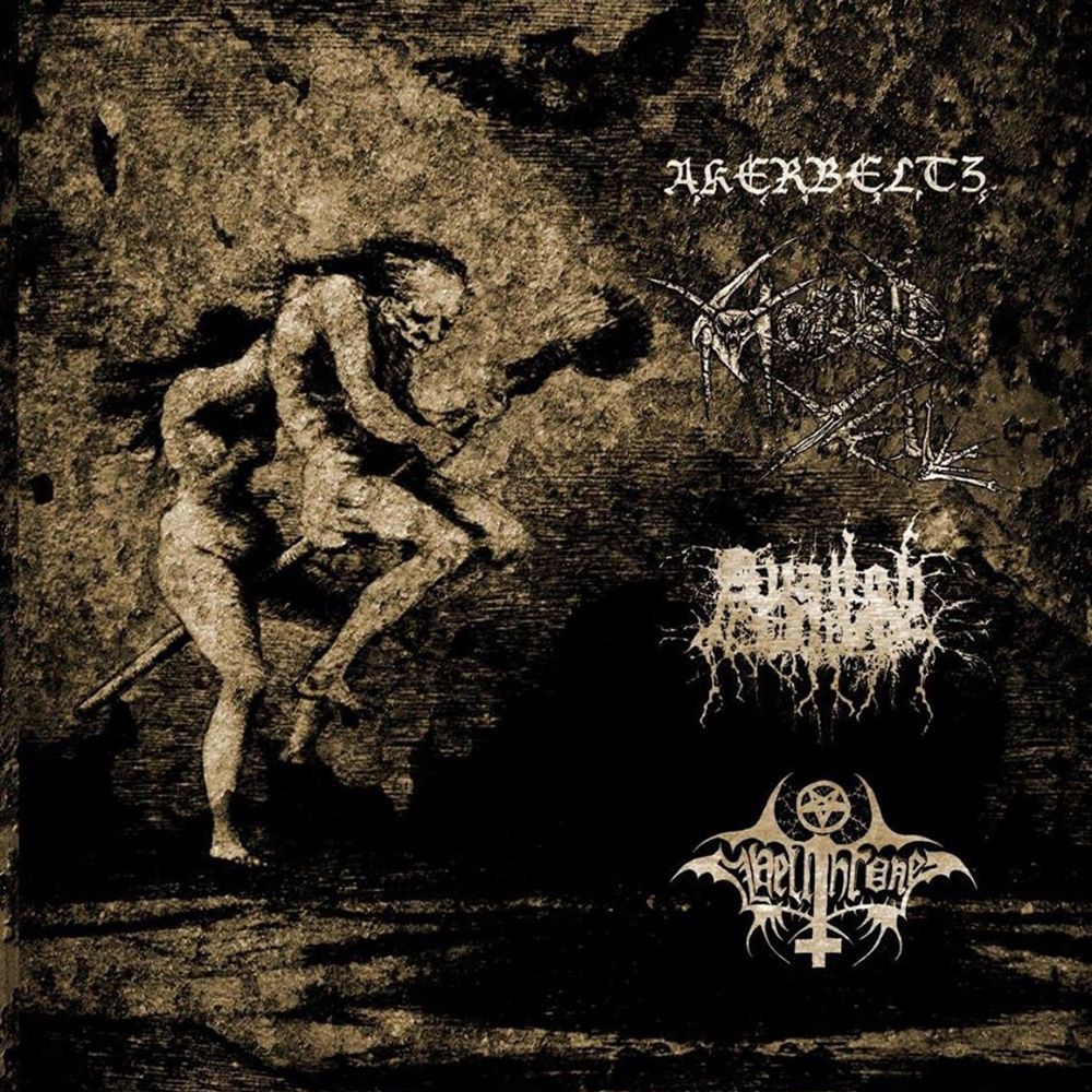 Front cover of "Akerbeltz / Avangh Dhür / Morbid Yell / Hellthrone" by Akerbeltz / Avangh Dhür / Morbid Yell / Hellthrone available at Darkwoods Webstore